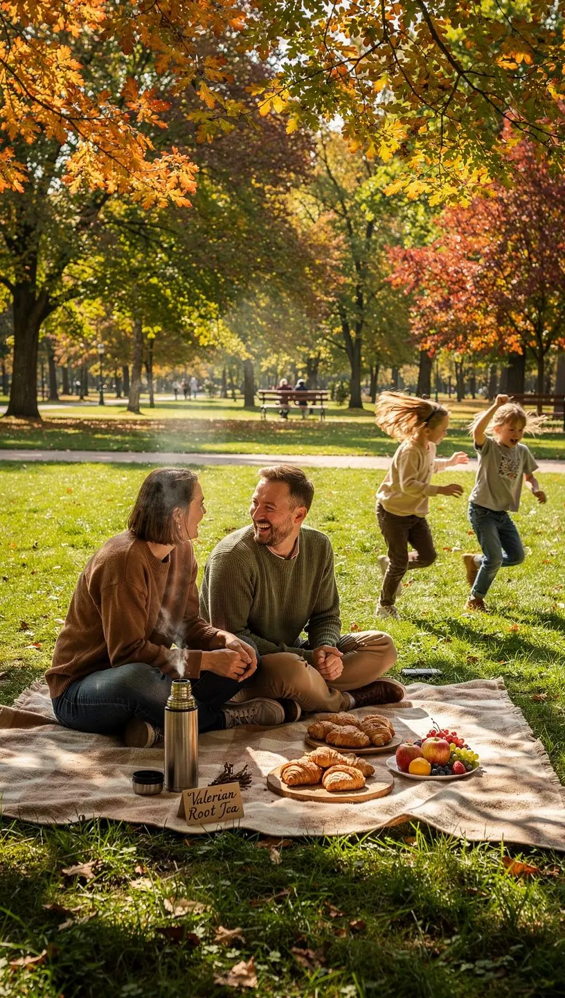 Valerijono šaknies arbata, išdėstyta ant medinio stalo su žaliais lapais aplink.