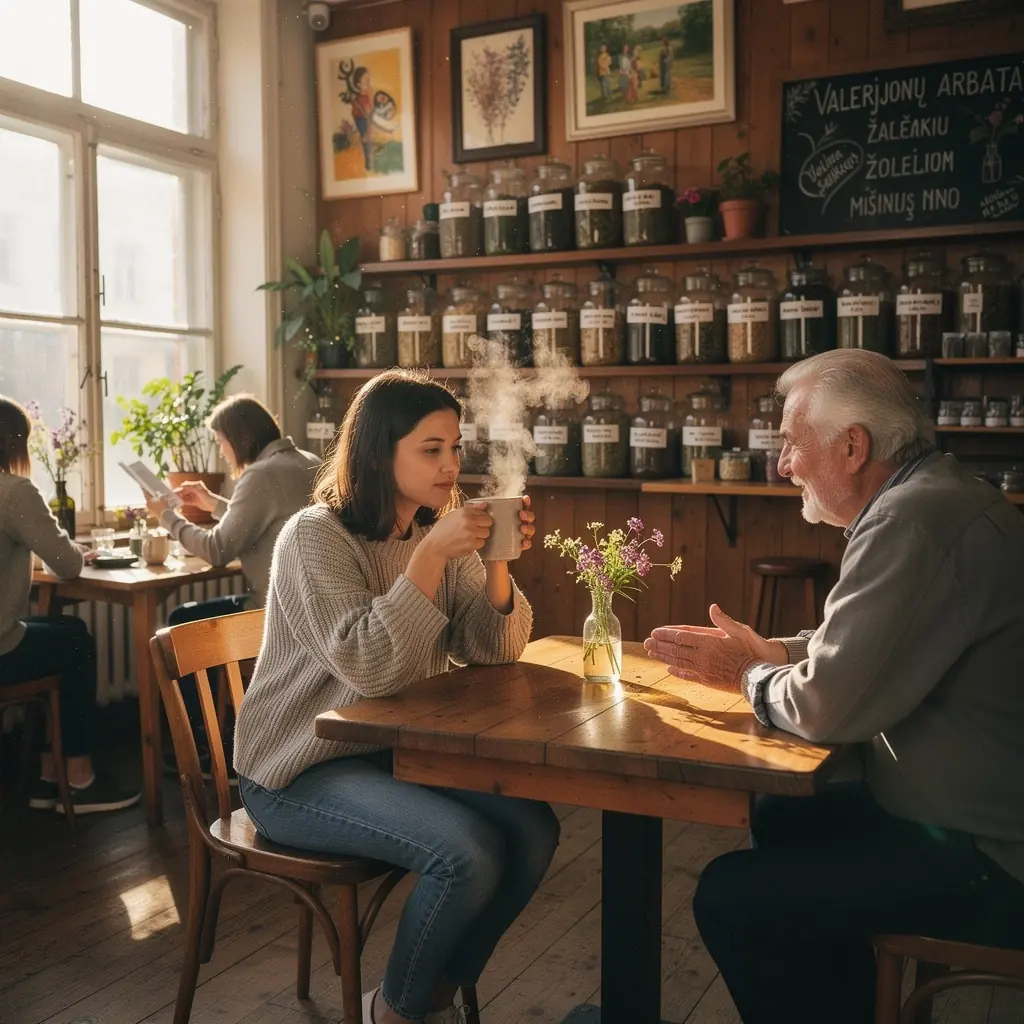 Valerijono šaknies arbata, patiekiama šiltoje stiklinėje, su šviežiais mėtų lapeliais.