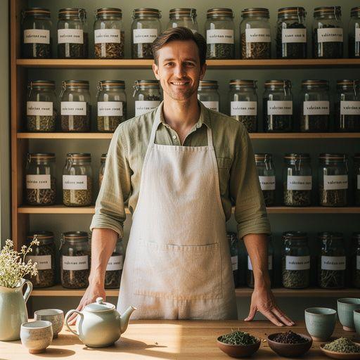 Arbatos ruošimo procesas: valerijono šaknies ir kitų žolelių ingredientai, išdėstyti ant stalo.